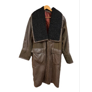 Stanley Korshak Brown Leather Coat Faux Astrakhan Collar Belted Vintage